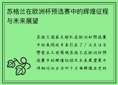 苏格兰在欧洲杯预选赛中的辉煌征程与未来展望